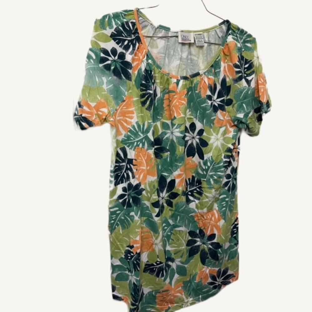 Only Necessities Leaf Print Top - Orange Green Floral Women's M Scoop Neck